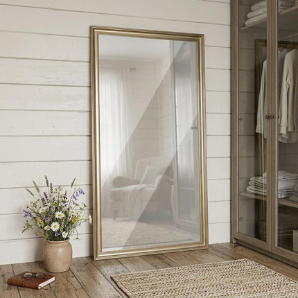 71" Golden Brown Wood Wall Mounted And Leaning Framed Full Length Mirror HomeRoots