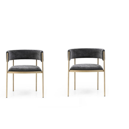 Set of Two Charcoal and Gold Velvet Partially Open Back Dining Arm Chairs