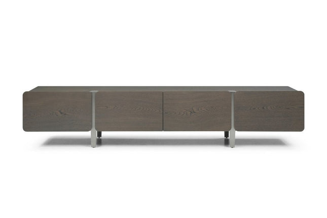95" Ash Gray And Nickel Wood And Stainless Steel Enclosed Storage TV Stand HomeRoots