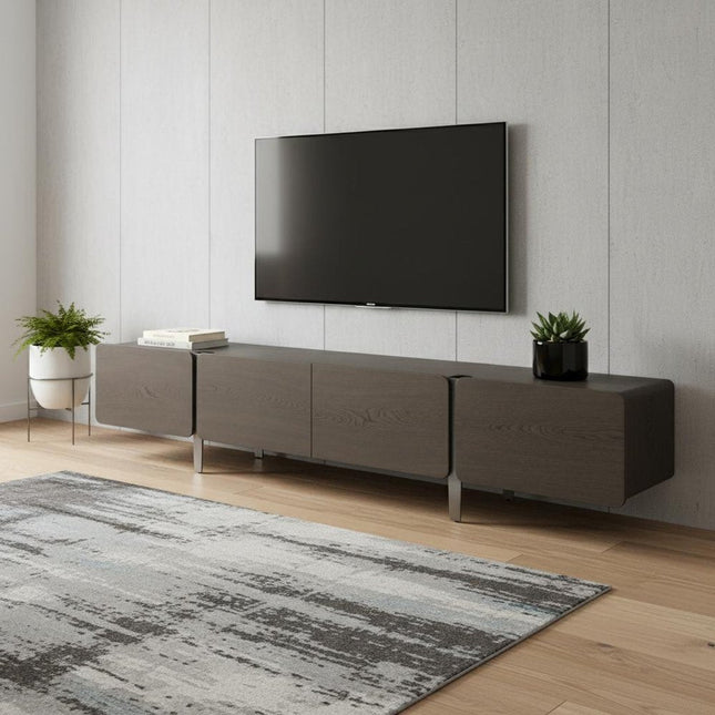 95" Ash Gray And Nickel Wood And Stainless Steel Enclosed Storage TV Stand HomeRoots