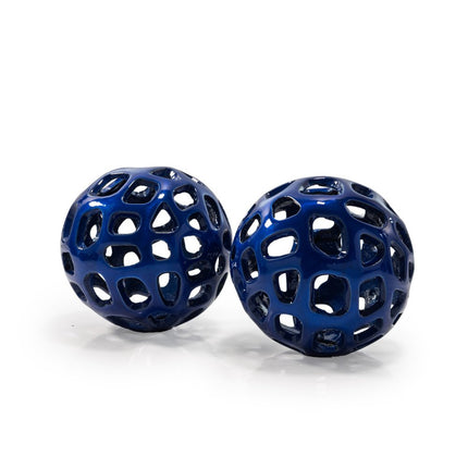 Set of Two Blue Aluminum Hand Painted Decorative Orbs HomeRoots