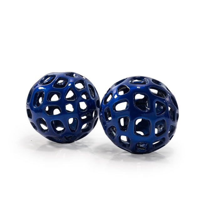 Set of Two Blue Aluminum Hand Painted Decorative Orbs HomeRoots