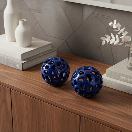 Set of Two Blue Aluminum Hand Painted Decorative Orbs HomeRoots