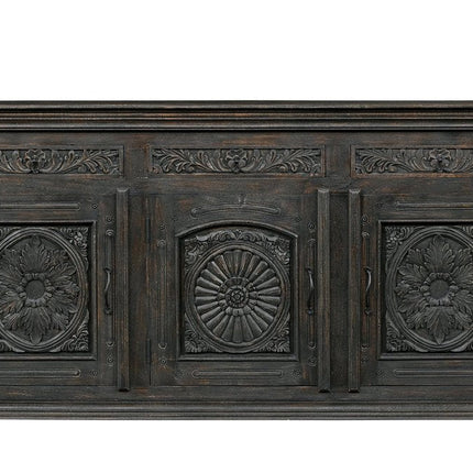 81" Black Distressed Solid Wood Carved Floral Three Drawer Sideboard With Three Doors HomeRoots