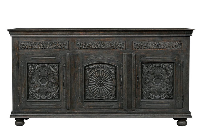 81" Black Distressed Solid Wood Carved Floral Three Drawer Sideboard With Three Doors HomeRoots