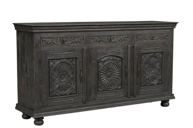 81" Black Distressed Solid Wood Carved Floral Three Drawer Sideboard With Three Doors HomeRoots