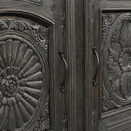 81" Black Distressed Solid Wood Carved Floral Three Drawer Sideboard With Three Doors HomeRoots