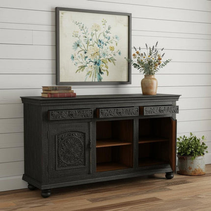 81" Black Distressed Solid Wood Carved Floral Three Drawer Sideboard With Three Doors HomeRoots