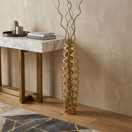 39" Gold Aluminum Pierced Geometric Cylinder Floor Vase HomeRoots