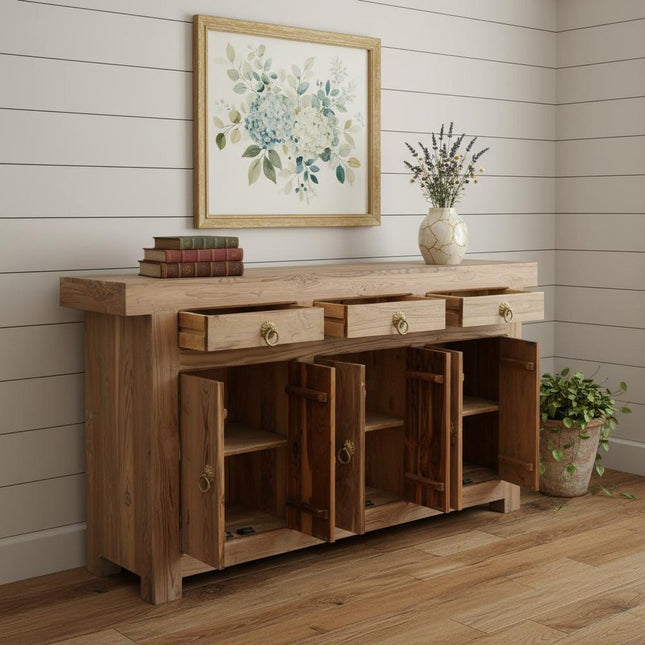 72" Brown Solid Wood Paneled Three Drawer Sideboard With Six Doors HomeRoots
