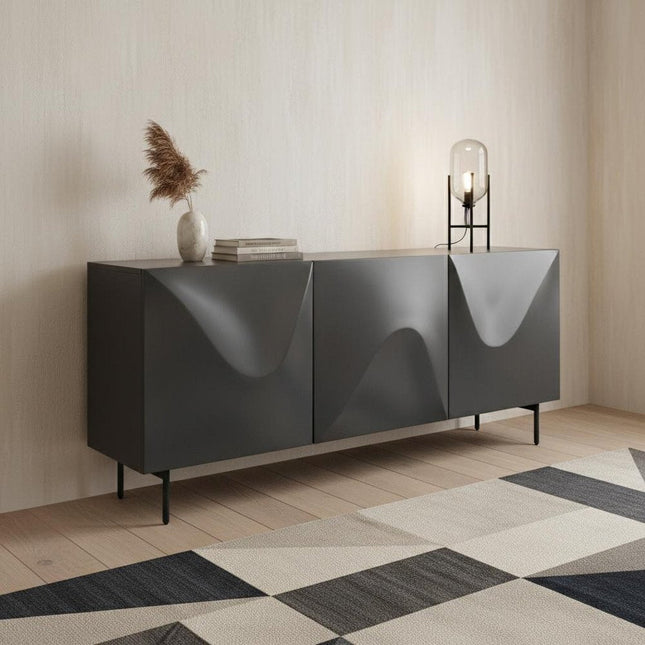 71" Dark Gray Wood Carved Abstract Sideboard With Three Doors HomeRoots