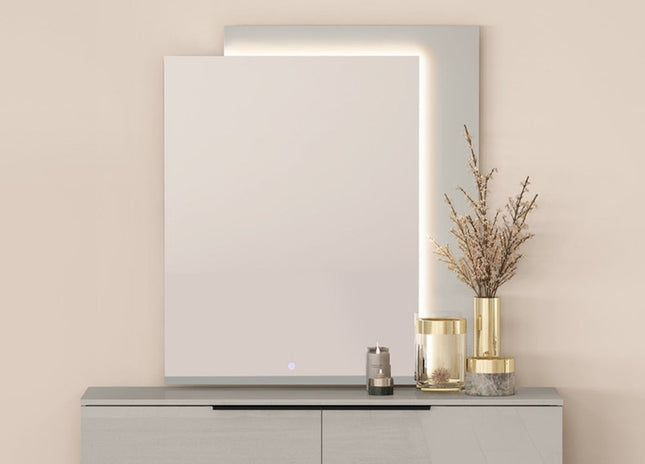 47" Light Gray Wood Lighted Wall Mounted And Dresser Mount Geometric Framed Dresser Mirror HomeRoots