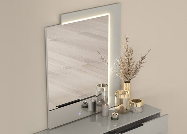 47" Light Gray Wood Lighted Wall Mounted And Dresser Mount Geometric Framed Dresser Mirror HomeRoots