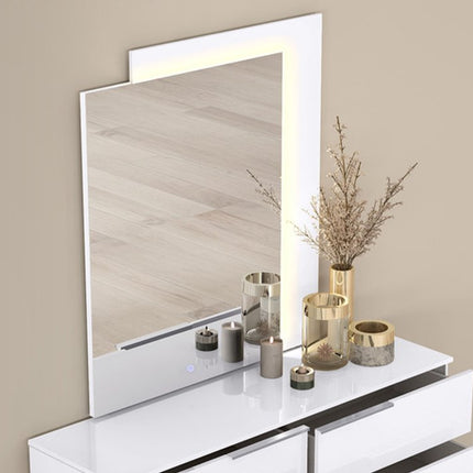 47" White Wood Lighted Wall Mounted And Dresser Mount Geometric Framed Dresser Mirror HomeRoots