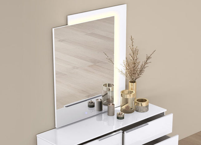 47" White Wood Lighted Wall Mounted And Dresser Mount Geometric Framed Dresser Mirror HomeRoots