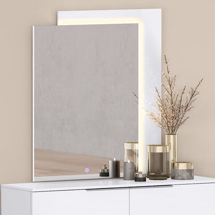 47" White Wood Lighted Wall Mounted And Dresser Mount Geometric Framed Dresser Mirror HomeRoots