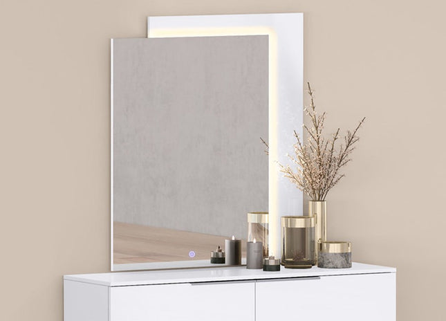 47" White Wood Lighted Wall Mounted And Dresser Mount Geometric Framed Dresser Mirror HomeRoots