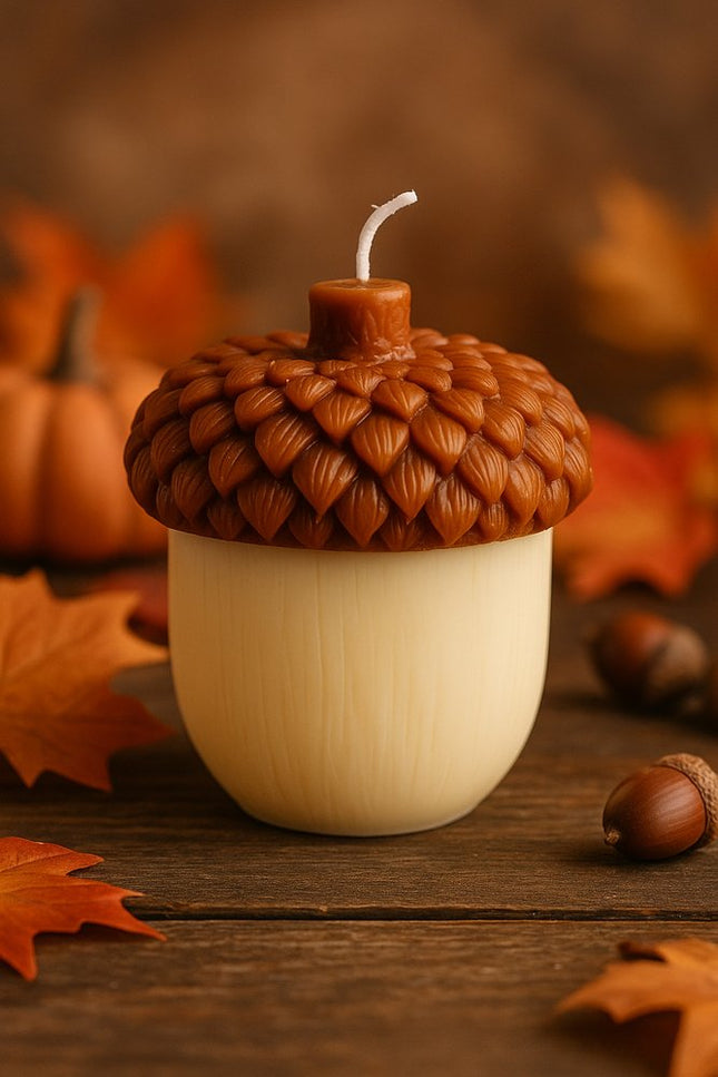 4" Brown And Ivory Latte And Pumpkin Scented Dimensional Acorn Candle HomeRoots