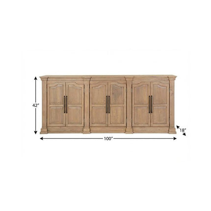 100" Brown Solid Wood Paneled Sideboard With Six Doors HomeRoots