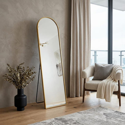 57" Gold Aluminum Arch Freestanding And Wall Mounted Framed Full Length Mirror HomeRoots