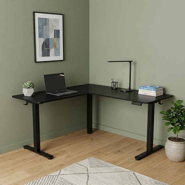 Adjustable Black Wood and Steel L Shape T-Shape Standing Desk HomeRoots