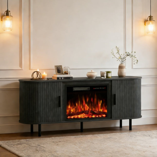 65" Black Ribbed Texture Wood TV Stand With Fireplace HomeRoots