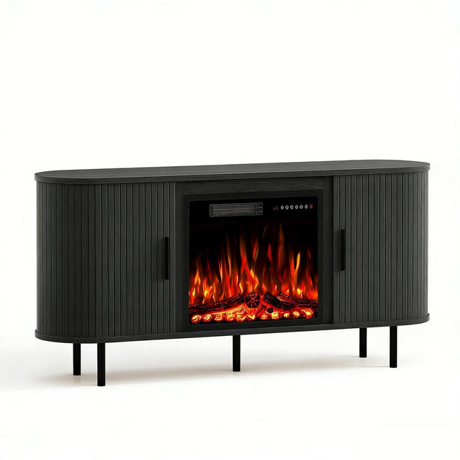 65" Black Ribbed Texture Wood TV Stand With Fireplace HomeRoots