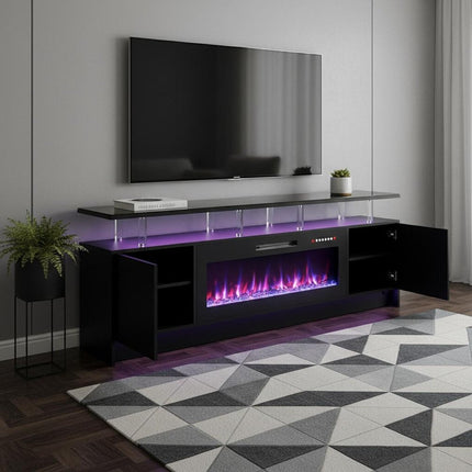 80" Black Wood Fireplace Entertainment Center With Fireplace HomeRoots