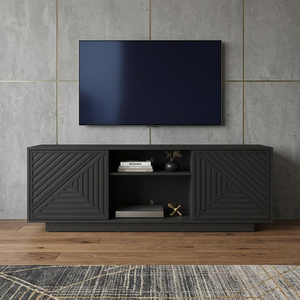63" Black Ribbed Texture Wood Enclosed and Open Storage TV Stand HomeRoots