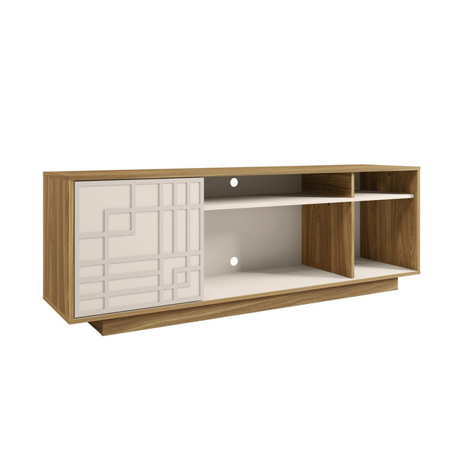 63" Natural And White Carved Geometric Wood Enclosed and Open Storage TV Stand HomeRoots