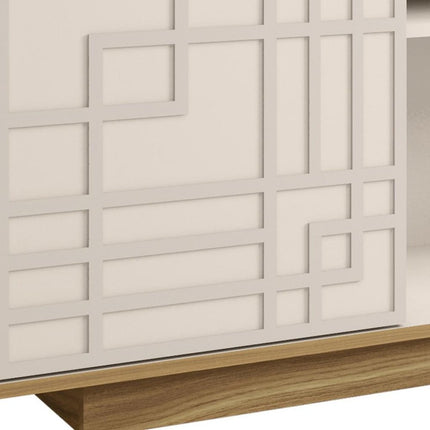 63" Natural And White Carved Geometric Wood Enclosed and Open Storage TV Stand HomeRoots