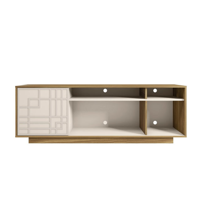 63" Natural And White Carved Geometric Wood Enclosed and Open Storage TV Stand HomeRoots