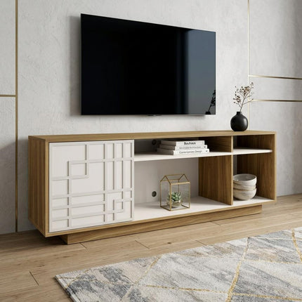 63" Oak And White Carved Geometric Wood Enclosed and Open Storage TV Stand HomeRoots