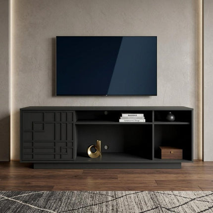 63" Black Carved Geometric Wood Enclosed and Open Storage TV Stand HomeRoots