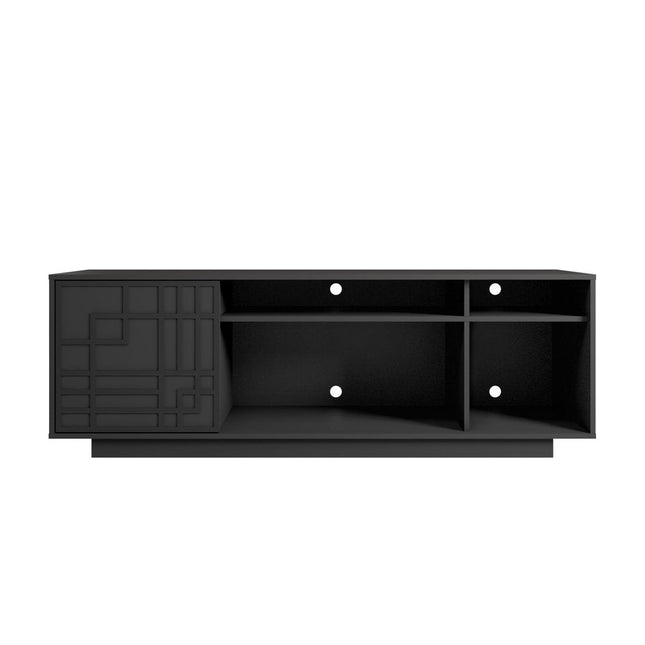 63" Black Carved Geometric Wood Enclosed and Open Storage TV Stand HomeRoots