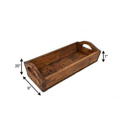 20" Brown Reclaimed Wood Handmade Serving Tray With Handles HomeRoots