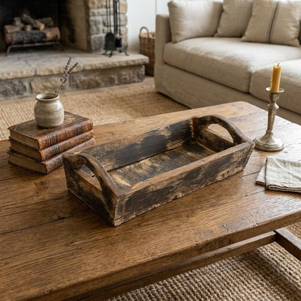 20" Brown Reclaimed Wood Handmade Serving Tray With Handles HomeRoots