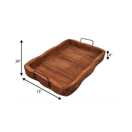 20" Brown Solid Wood Handmade Scalloped Serving Tray With Handles HomeRoots