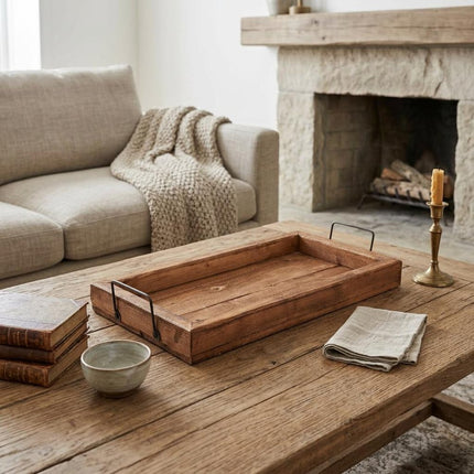 21" Natural Solid Wood Handmade Serving Tray With Handles HomeRoots