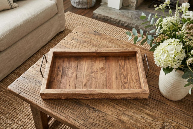 21" Natural Solid Wood Handmade Serving Tray With Handles HomeRoots