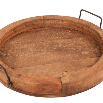 15" Natural And Turquoise Solid Wood Handmade Round Serving Tray With Handles HomeRoots