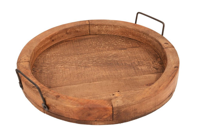 15" Natural And Turquoise Solid Wood Handmade Round Serving Tray With Handles HomeRoots