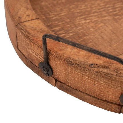 15" Natural And Turquoise Solid Wood Handmade Round Serving Tray With Handles HomeRoots