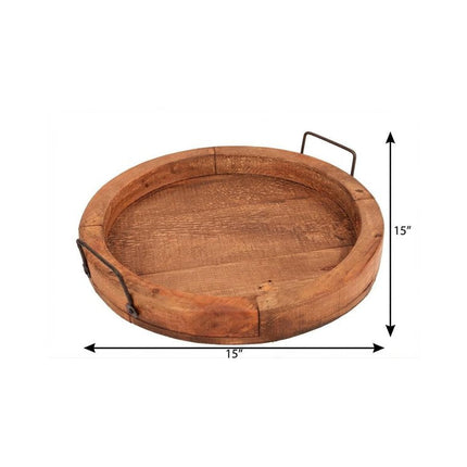 15" Natural And Turquoise Solid Wood Handmade Round Serving Tray With Handles HomeRoots