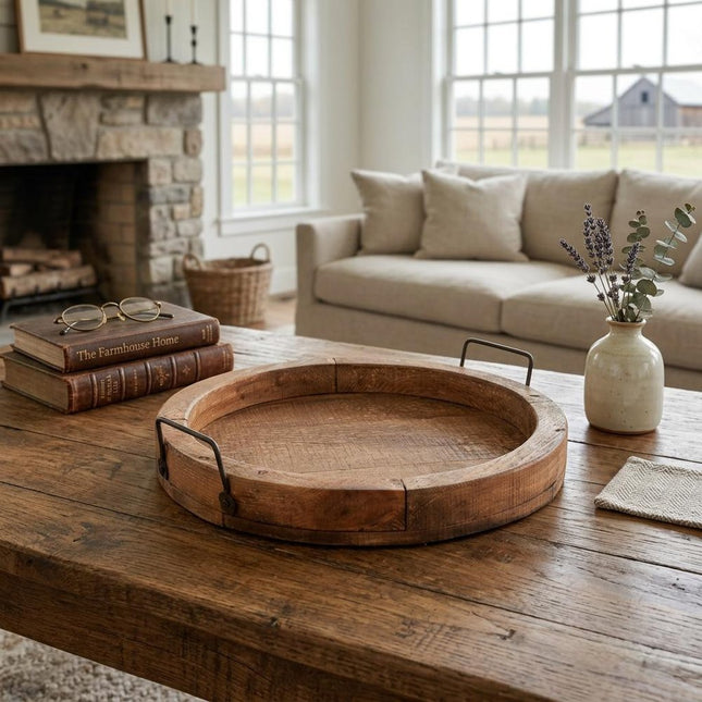 15" Natural Solid Wood Handmade Round Serving Tray With Handles HomeRoots