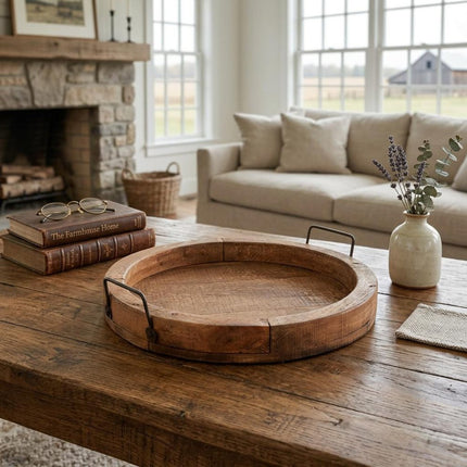 15" Natural And Turquoise Solid Wood Handmade Round Serving Tray With Handles HomeRoots