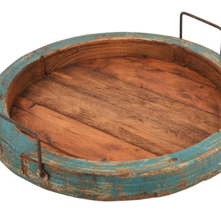 15" Natural And Turquoise Solid Wood Handmade Round Serving Tray With Handles HomeRoots