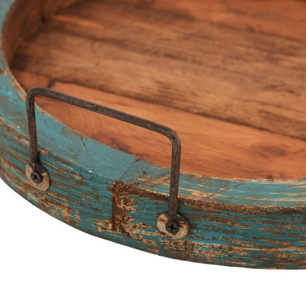 15" Natural And Turquoise Solid Wood Handmade Round Serving Tray With Handles HomeRoots