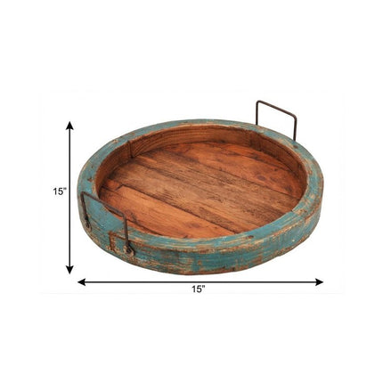 15" Natural And Turquoise Solid Wood Handmade Round Serving Tray With Handles HomeRoots