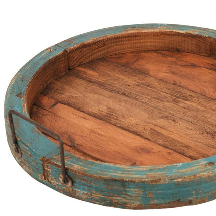 15" Natural And Turquoise Solid Wood Handmade Round Serving Tray With Handles HomeRoots